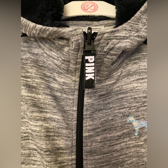 ❌SOLD❌VS PINK FAUX FUR FULL ZIP HOODIE SWEATSHIRT MARL GRAY MERMAID HOLO BLING L - Picture 3 of 9